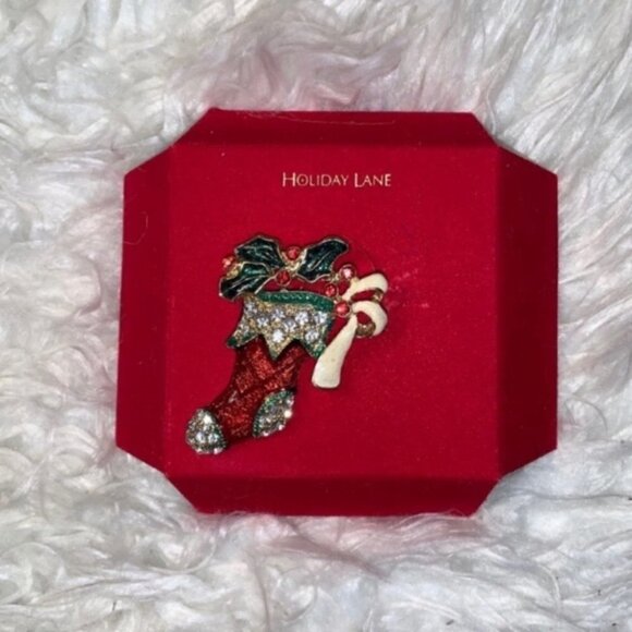 MACY'S Charter Club Holiday Lane Enamel Rhinestones Christmas Stocking Brooch - Picture 4 of 8